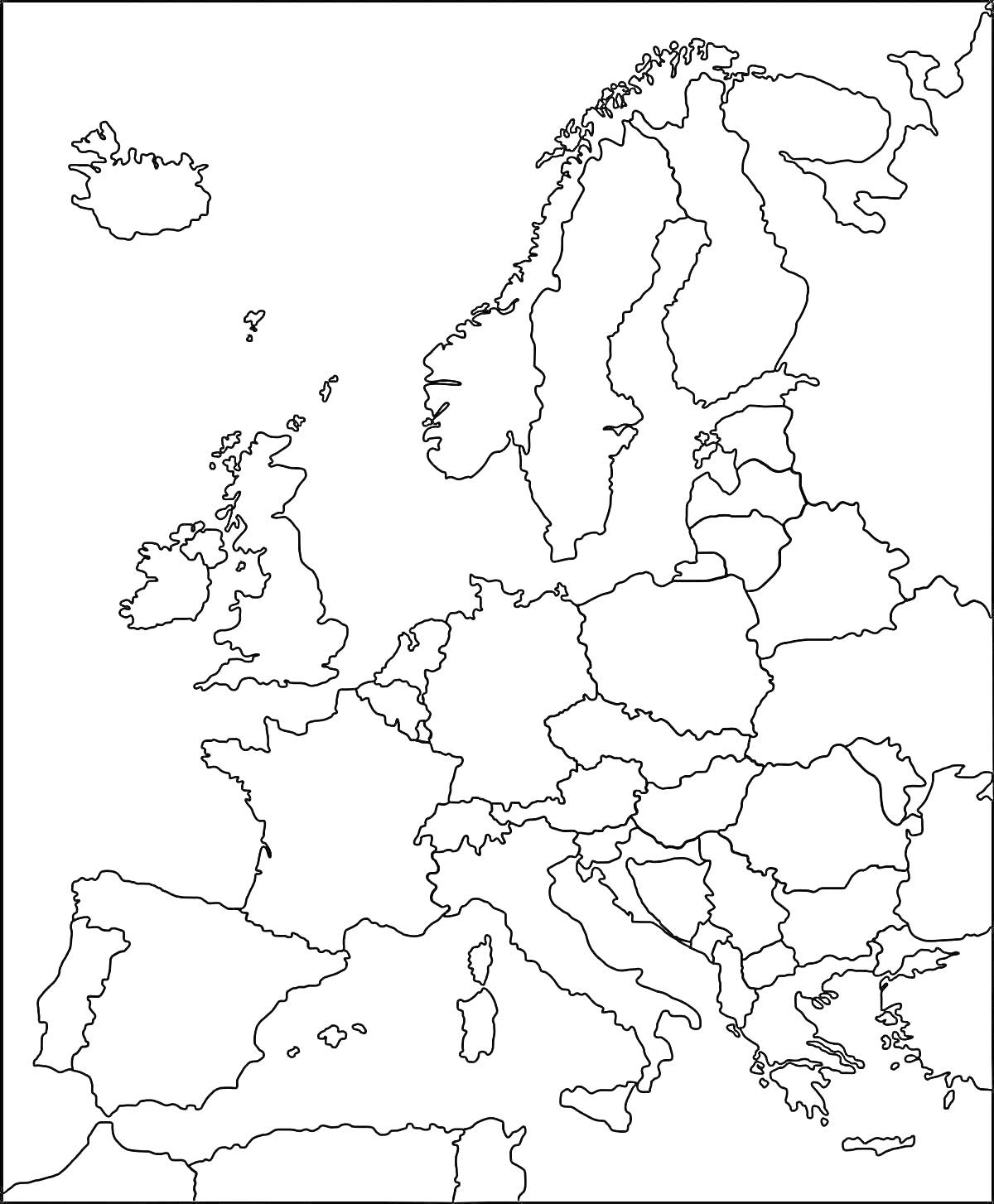 Раскраска Карта Европы для раскрашивания с контурами всех стран и островов