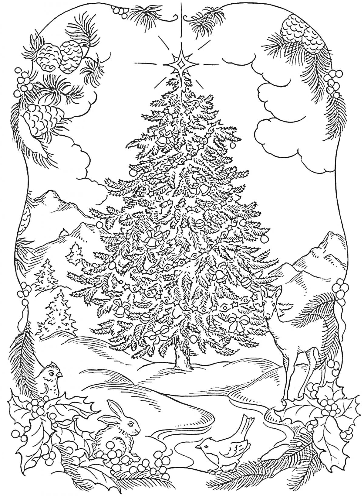 Раскраска Ёлка с украшениями, оленем, зайцами, птицами и горным пейзажем на фоне, окружённая ветками и шишками