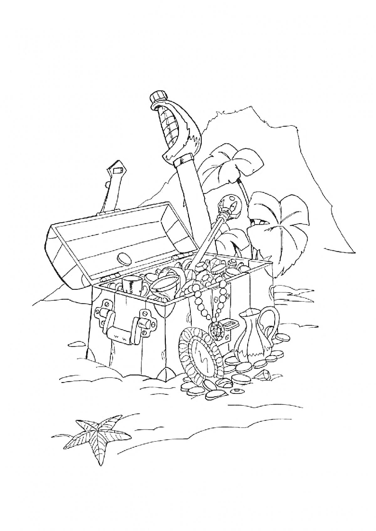 Раскраска Сундук с сокровищами на острове (сундук, сокровища, монеты, меч, пальма, скала, песок, ракушка, горшки, звездное море)