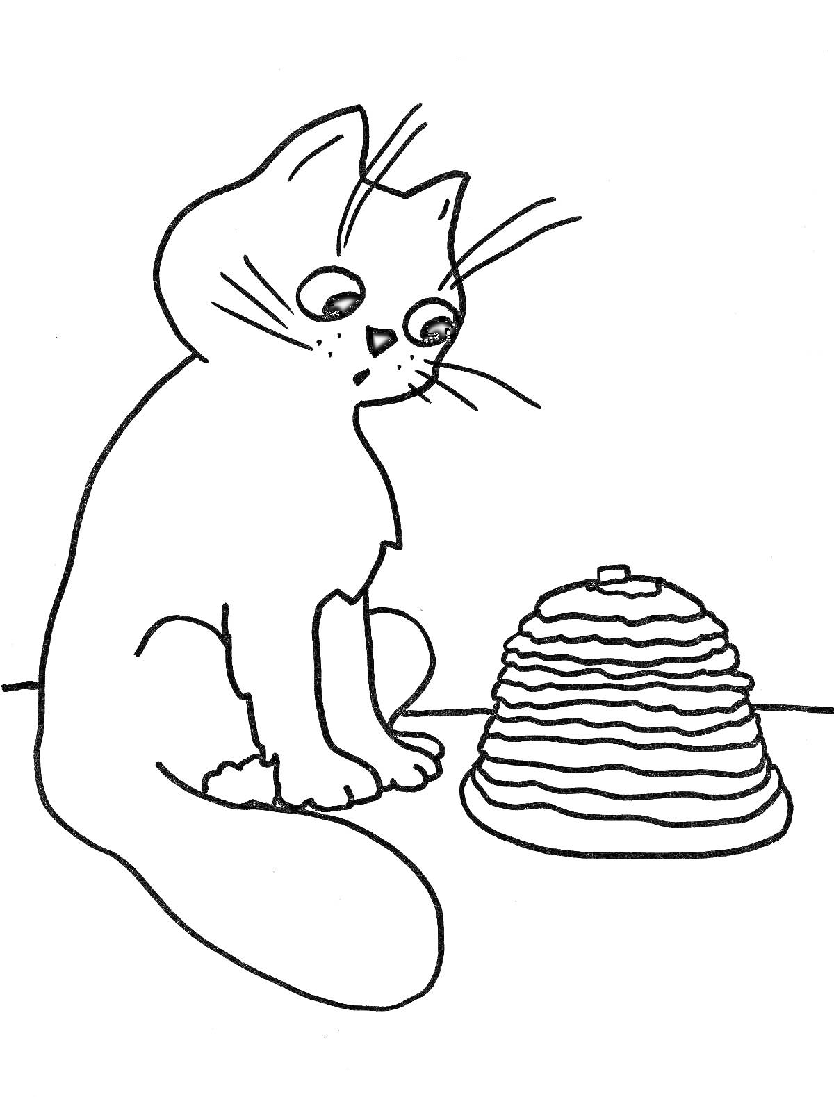 Раскраска Кот и стопка блинов на Масленицу
