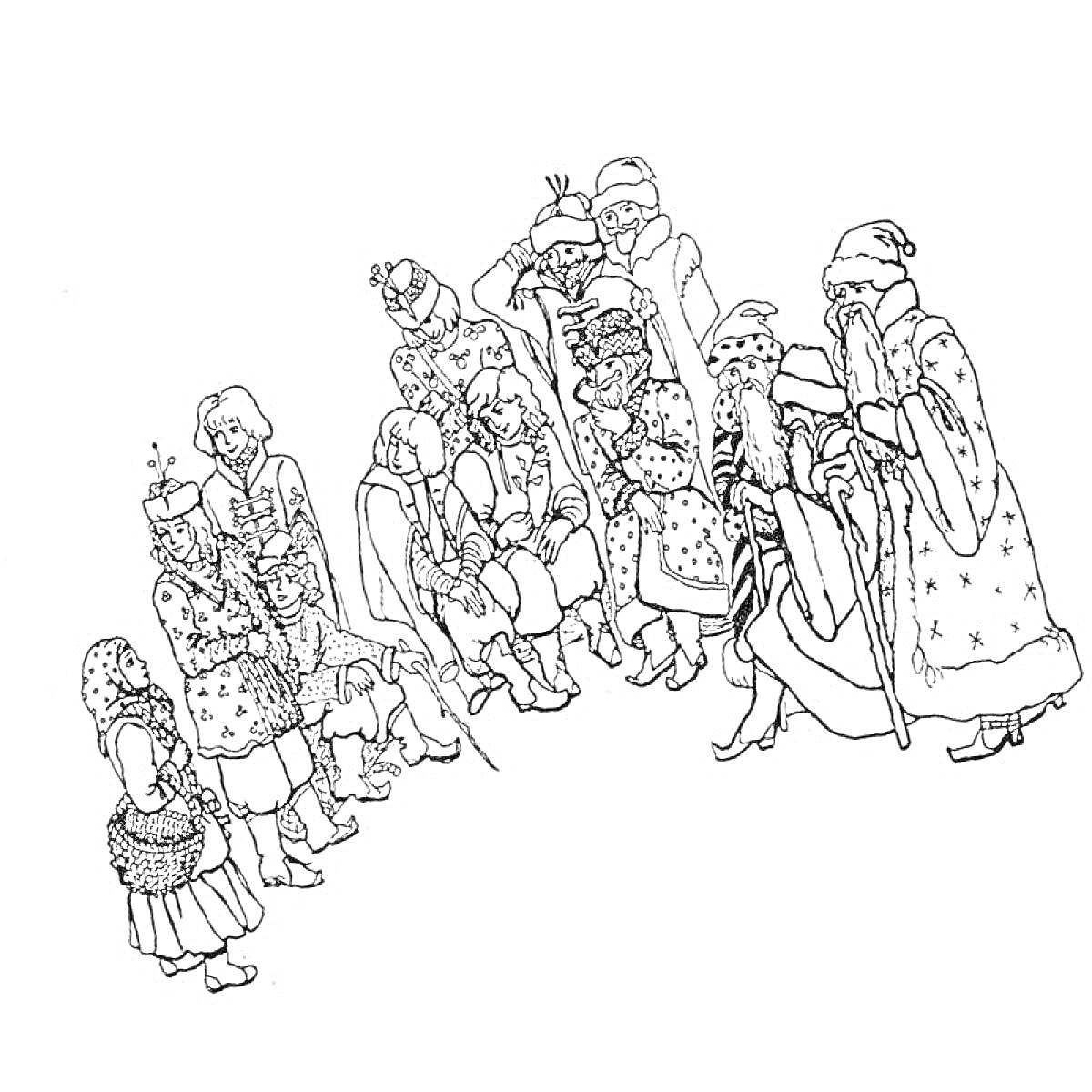 Раскраска Группа людей в традиционной русской одежде, некоторые из них стоят, а другие сидят, одной из женщин на руках корзинка