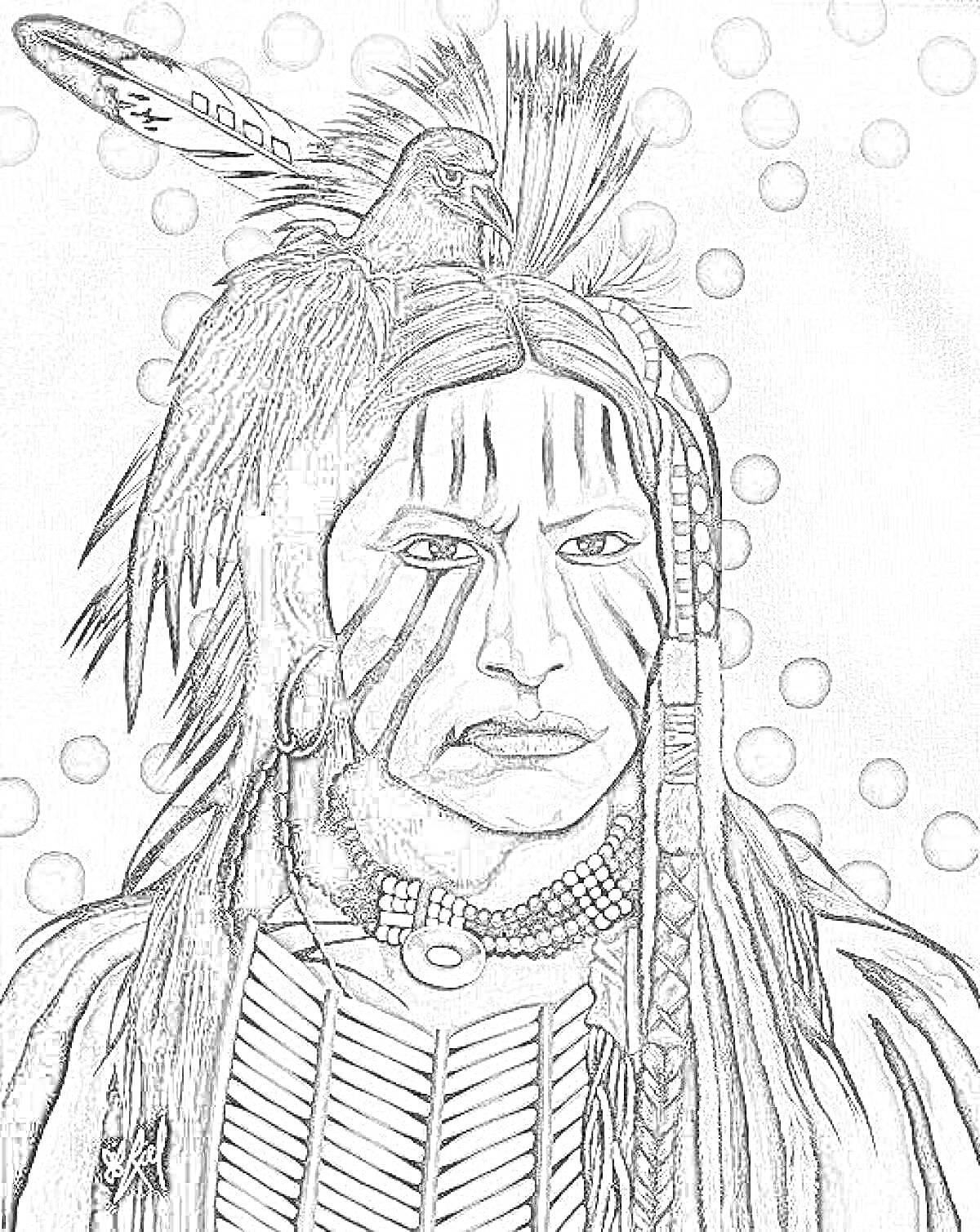 Раскраска Портрет индейца с раскраской на лице, головным убором с перьями и птицей, ожерельем