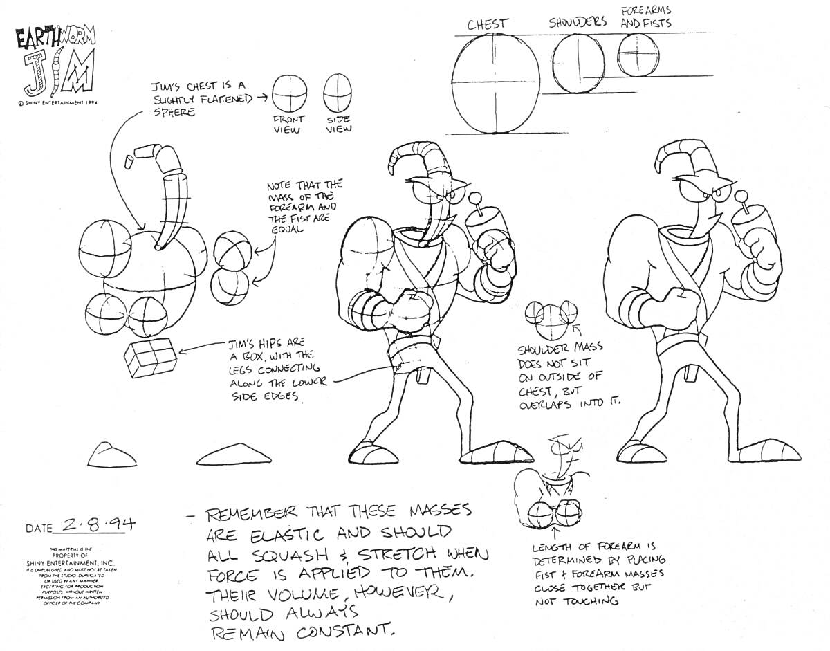 Раскраска Червяк Джим. Различные позы и углы персонажа с примерами сквоша и стрейча (сжатия и растяжения), а также анатомические схемы