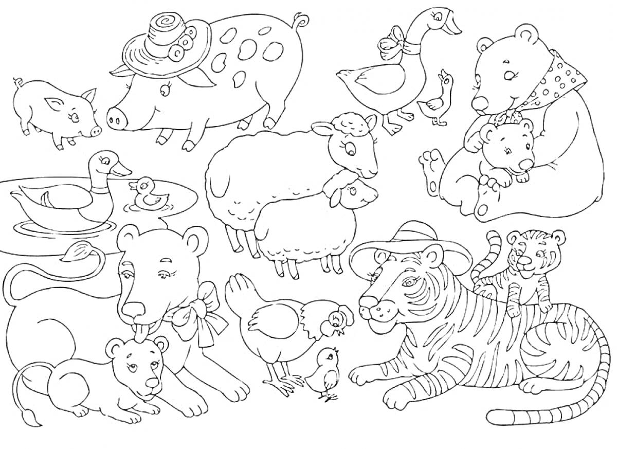 На раскраске изображено: Животные, Ягненок, Гуси, Утка, Водоем, Цыплята, Тигрица, Медведь