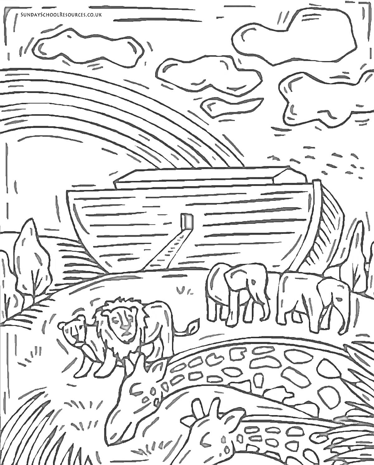Раскраска Ной и ковчег со львом, жирафами, слонами и радугой