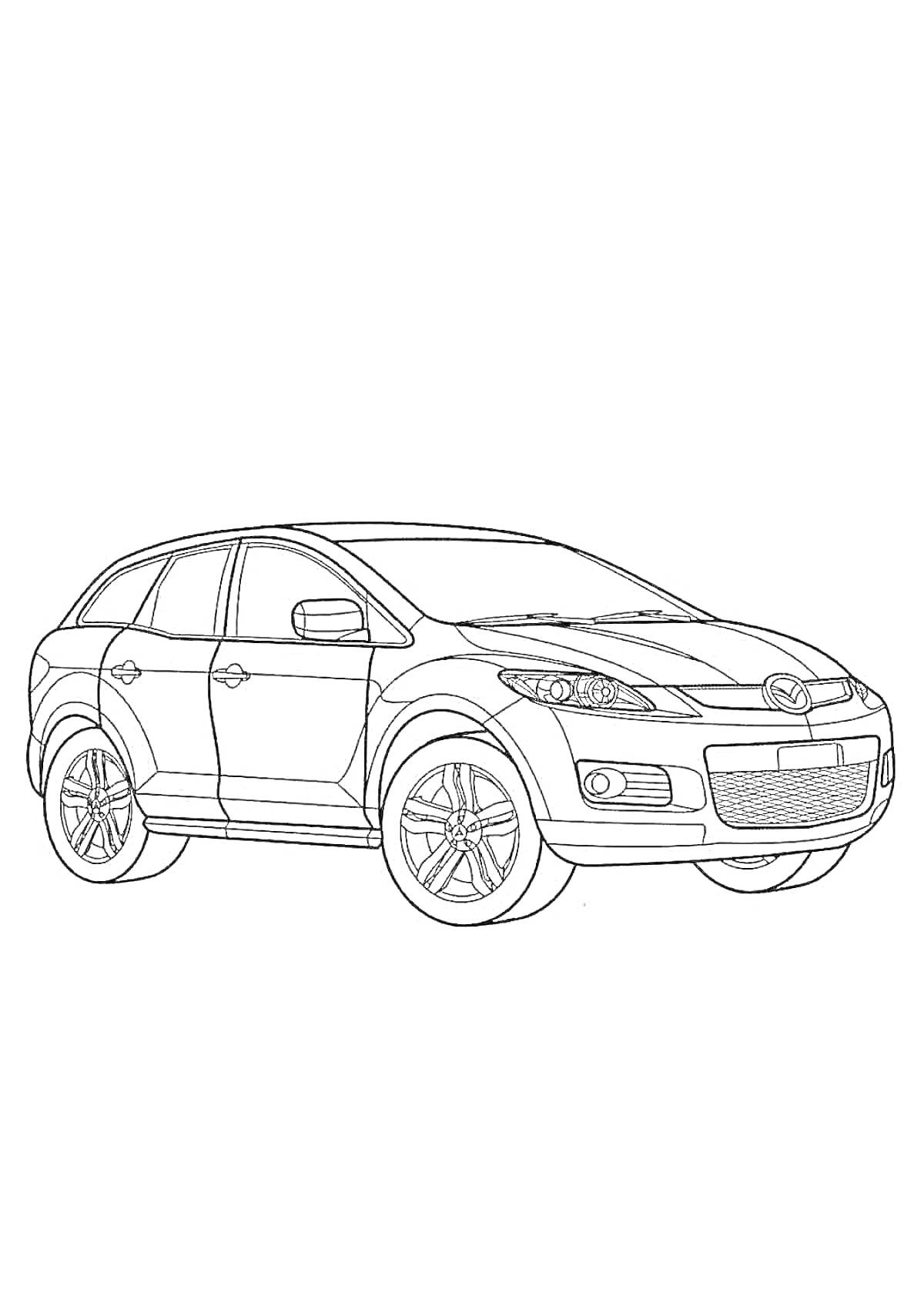 На раскраске изображено: Mazda, Кроссовер, Транспорт, Колёса, Фары, Дверь, Окна
