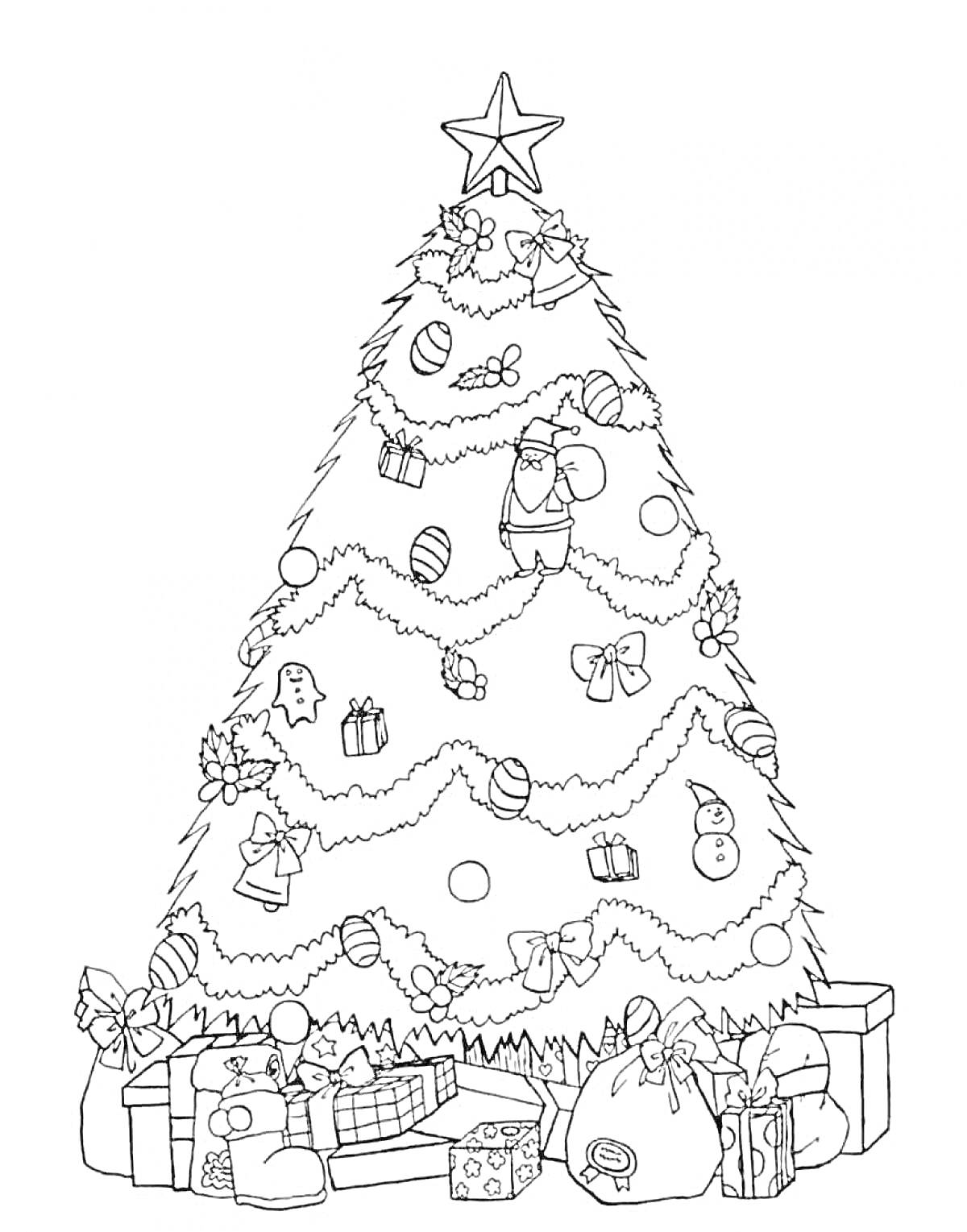 Раскраска Елка рождественская с украшениями и подарками