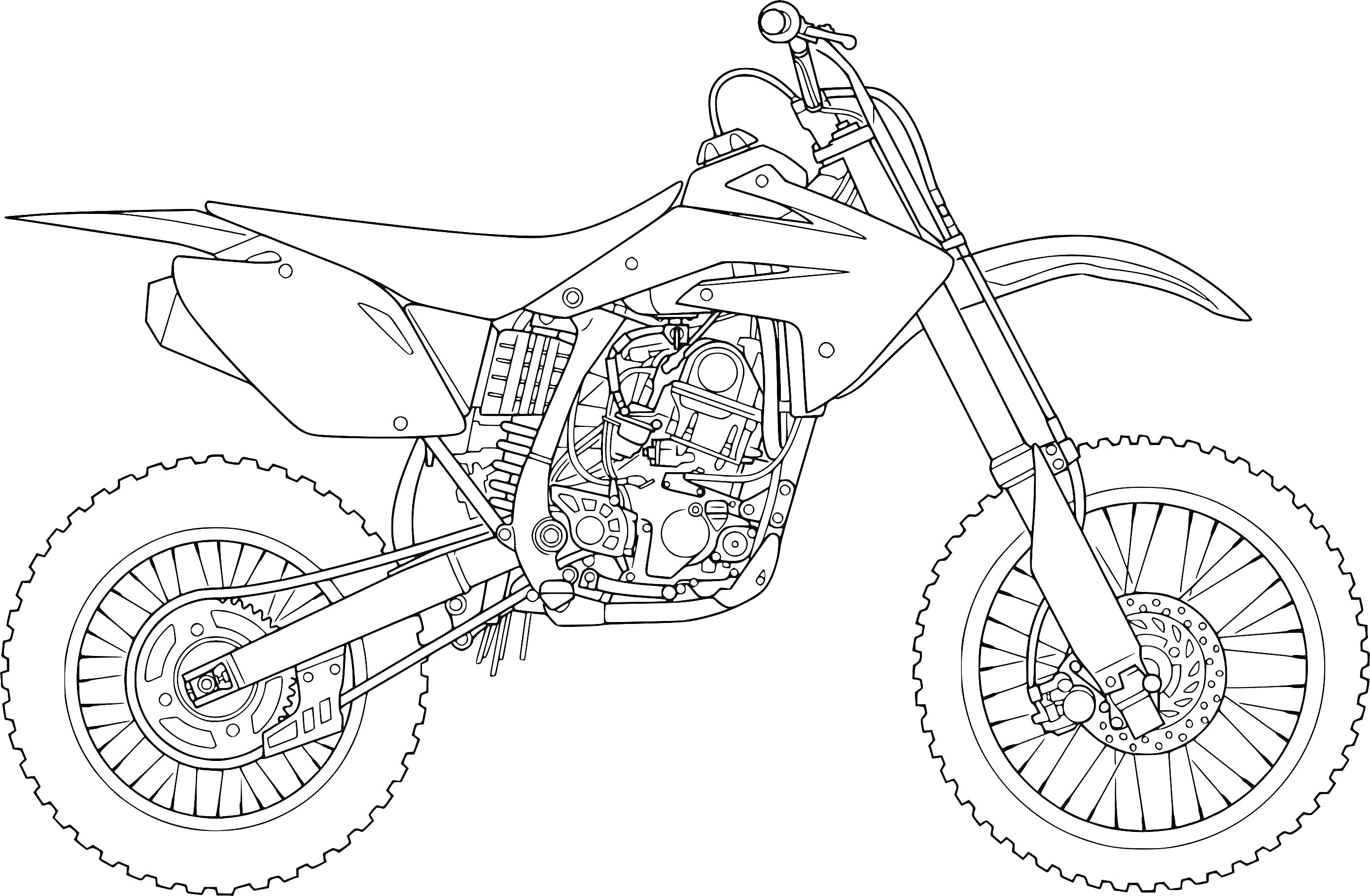 Раскраска Мотокроссовый мотоцикл в профиль, с деталями двигателя, колесами с шипованными шинами и амортизаторами.