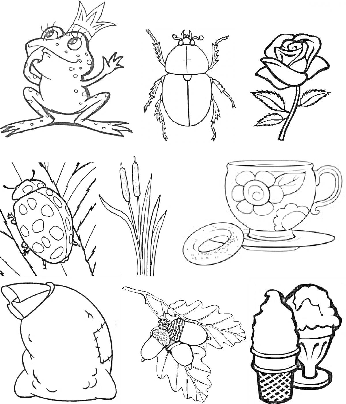 Раскраска Лягушка с короной, жук, роза, божья коровка, камыш, чашка с блюдцем, шапка, жёлуди с листьями дуба, мороженое в вафельных стаканчиках