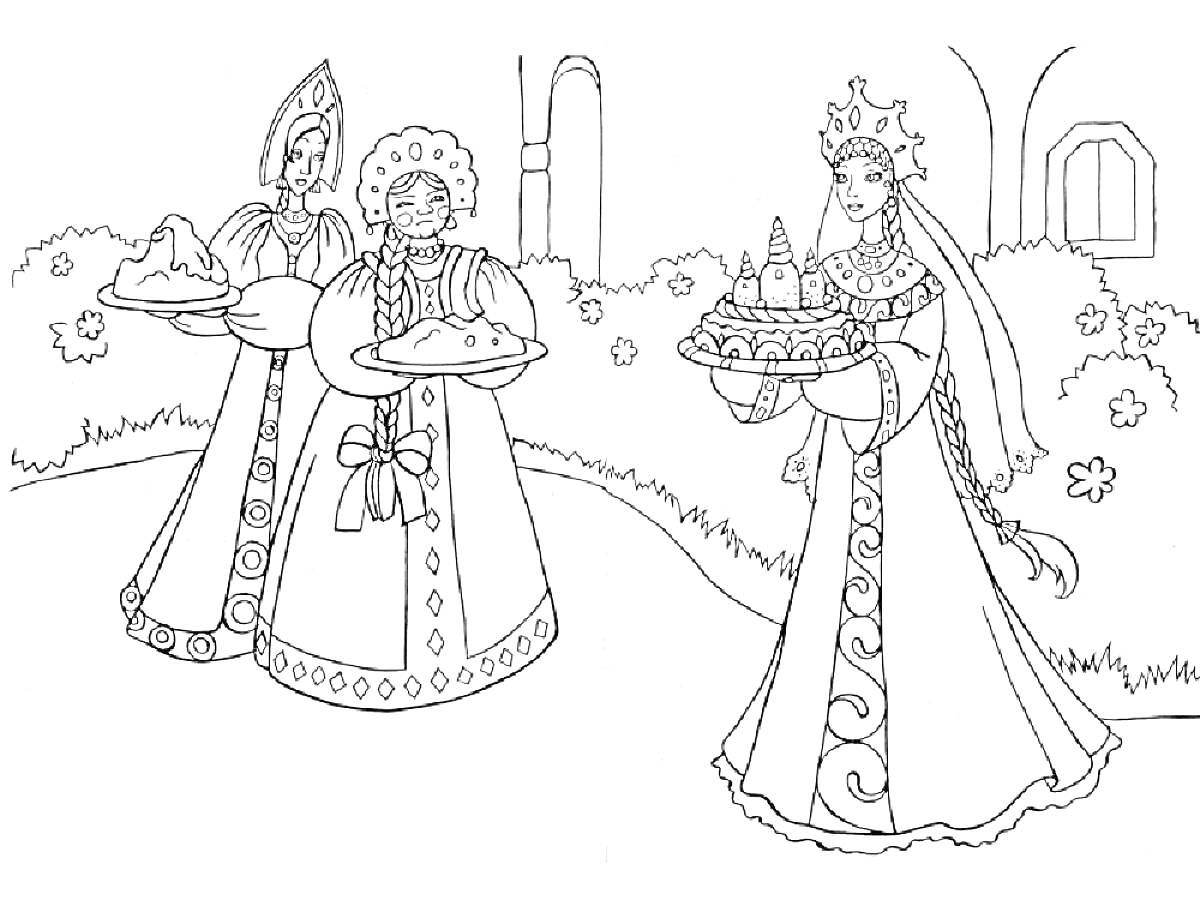Раскраска Царевна Лягушка с блюдами и слугами в саду
