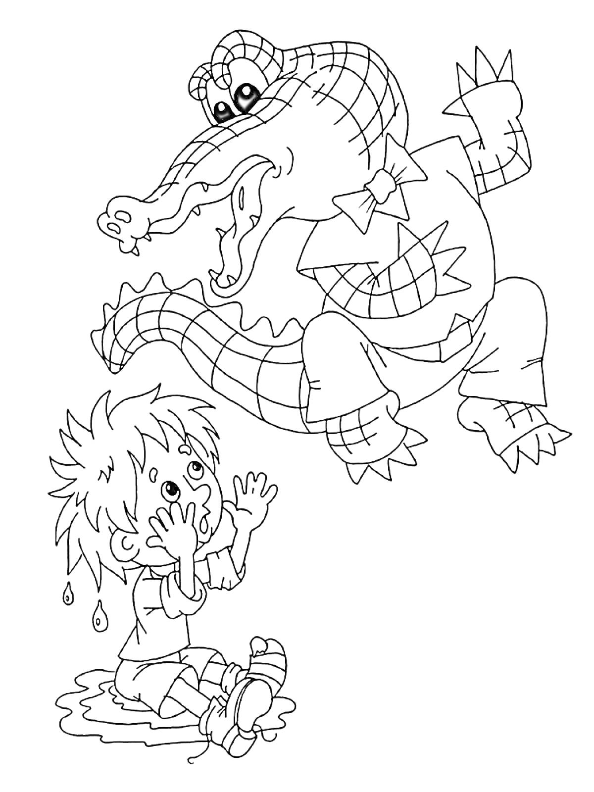 Раскраска Испуганный мальчик и крокодил из 