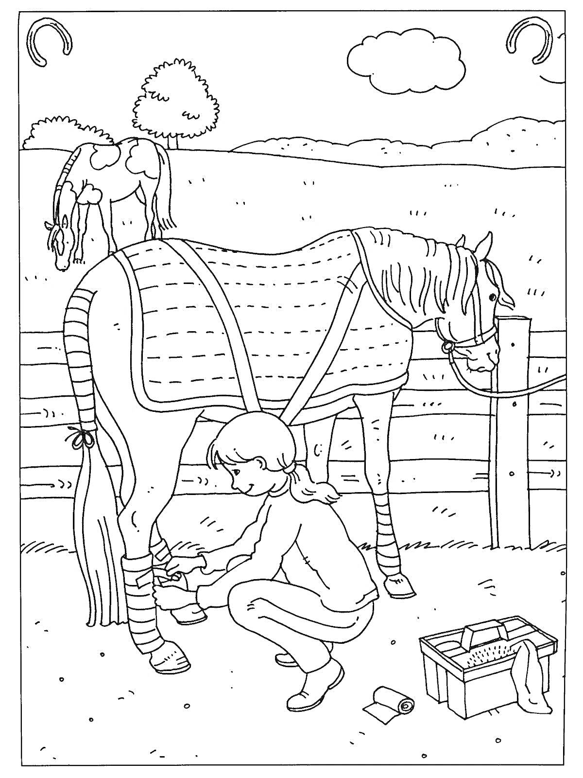 На раскраске изображено: Лошадь, Девочка, Конюшня, Пастбище, Ящик с инструментами, Забор, Подкова