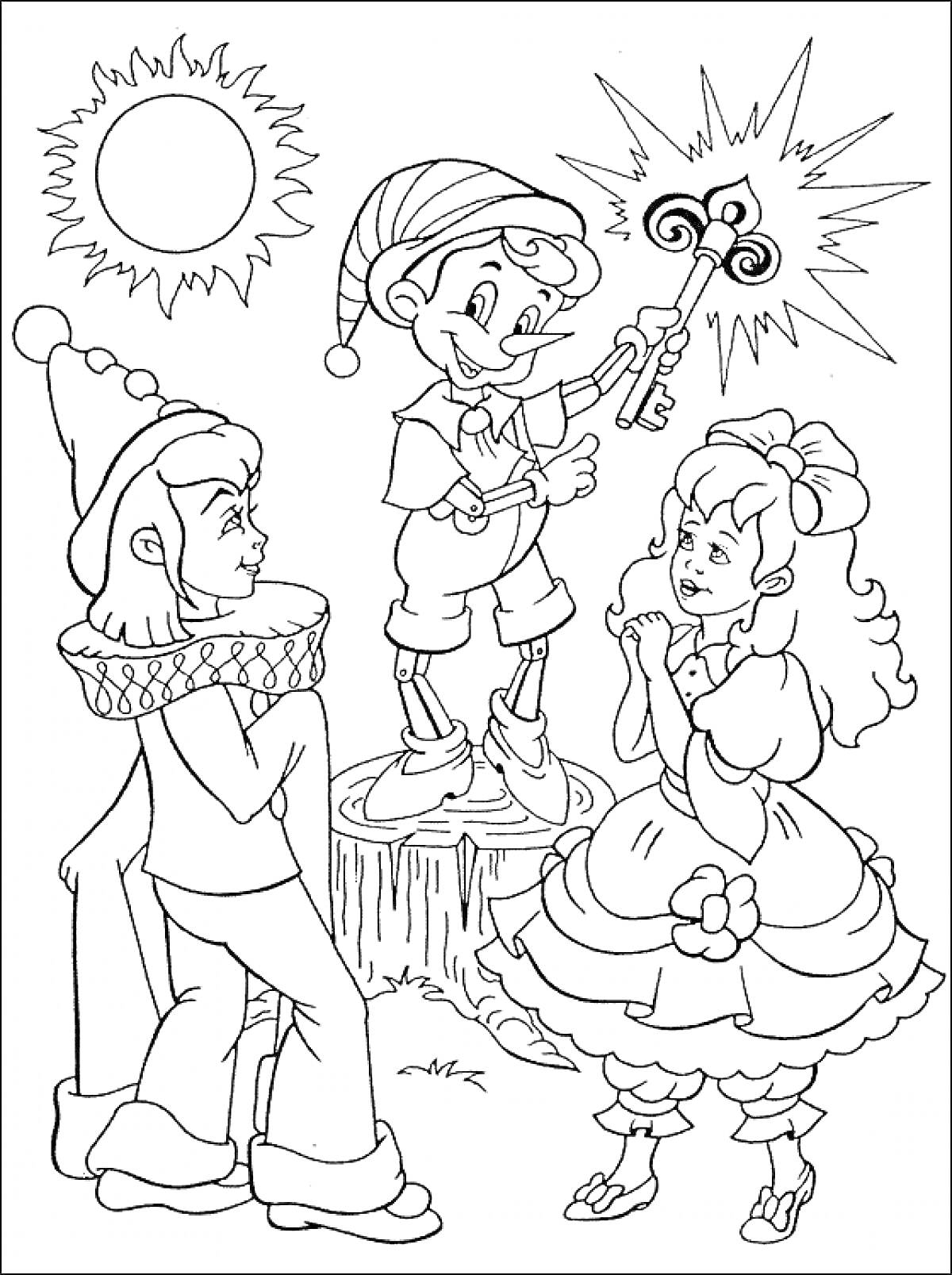 РаскраскаМальвина, Пьеро и Буратино с ключом на пеньке под солнцем