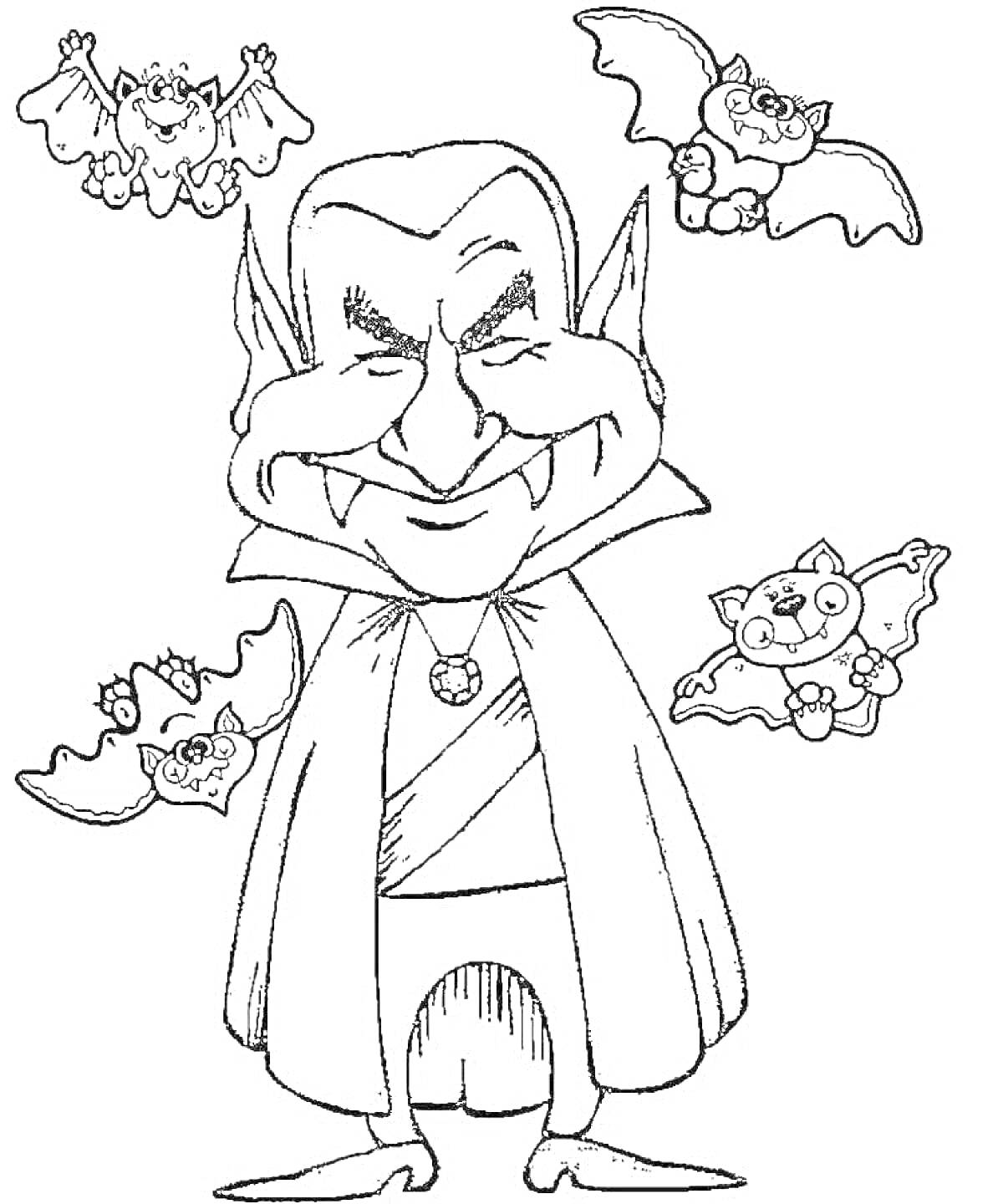 На раскраске изображено: Вампир, Плащ, Клыки, Ночь, Монстр