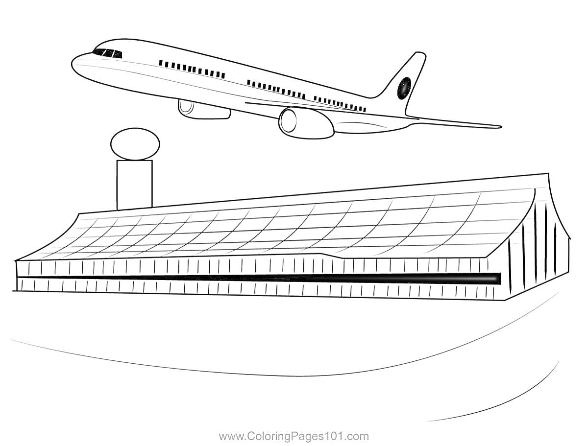 На раскраске изображено: Аэропорт, Терминал, Взлет, Летательный аппарат, Иллюстрация, Авиация