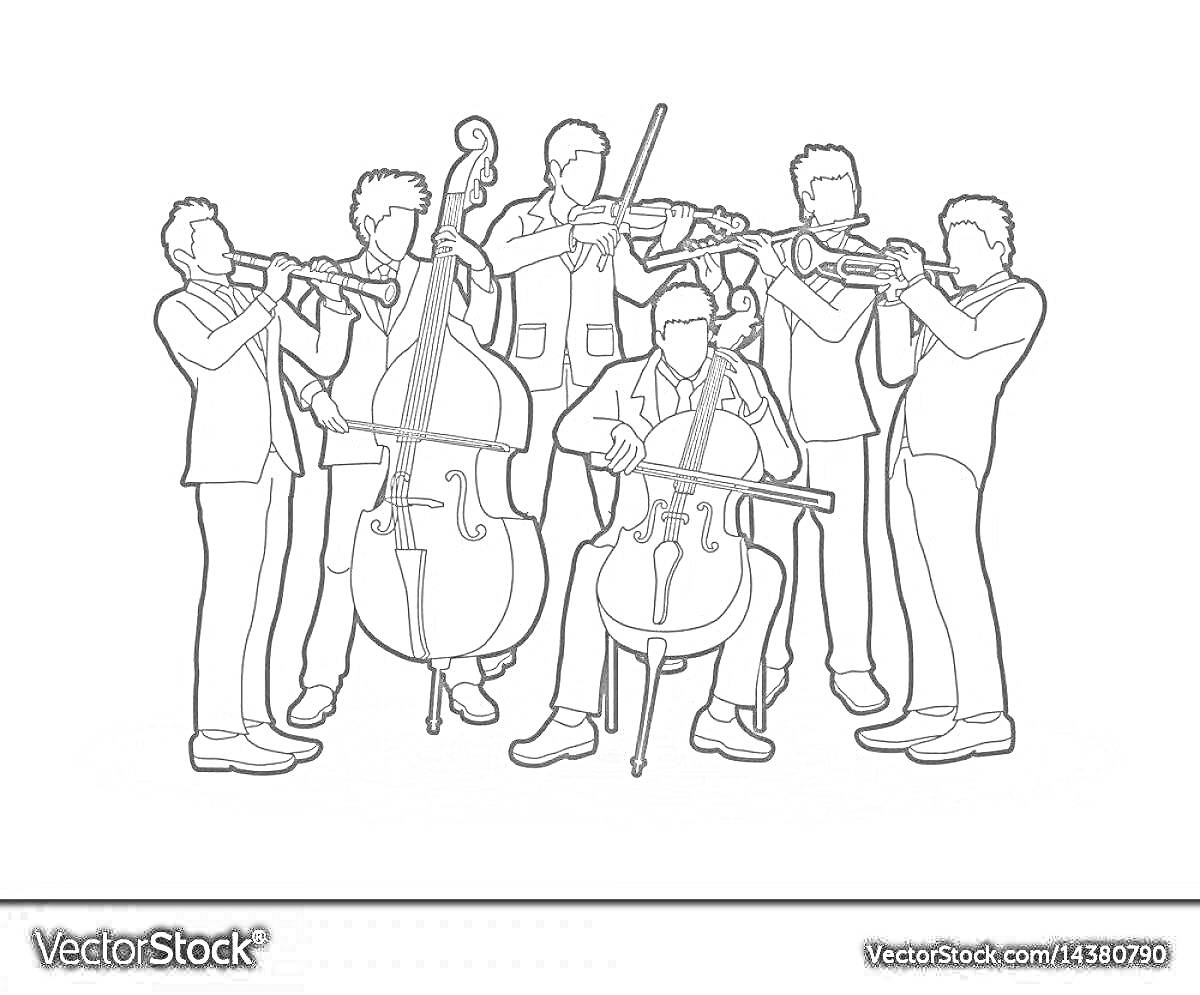 На раскраске изображено: Оркестр, Музыка, Инструмент, Скрипка, Контрабас, Виолончель, Труба, Флейта, Тромбон, Музыканты