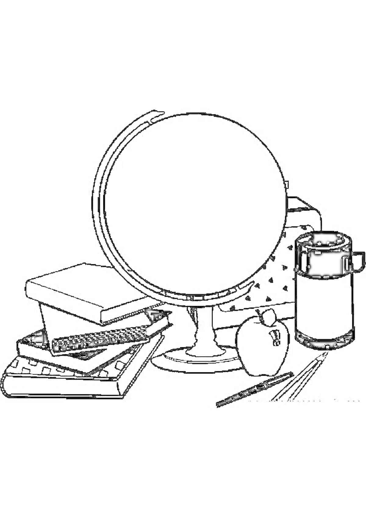 На раскраске изображено: Учеба, Глобус, Термос, Яблоко, Карандаши, Школьные принадлежности, Обучение
