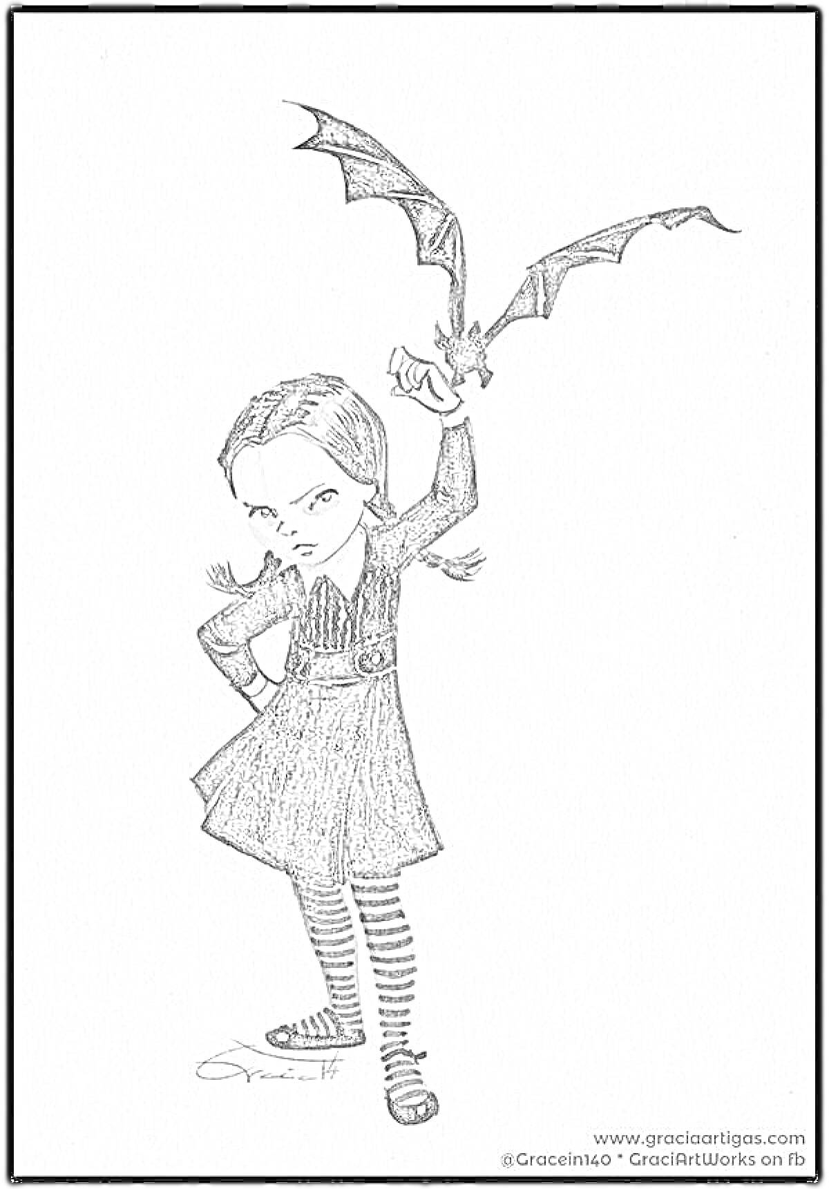 Раскраска Девочка с косичками в полосатом платье, держащая летучую мышь, полосатые чулки