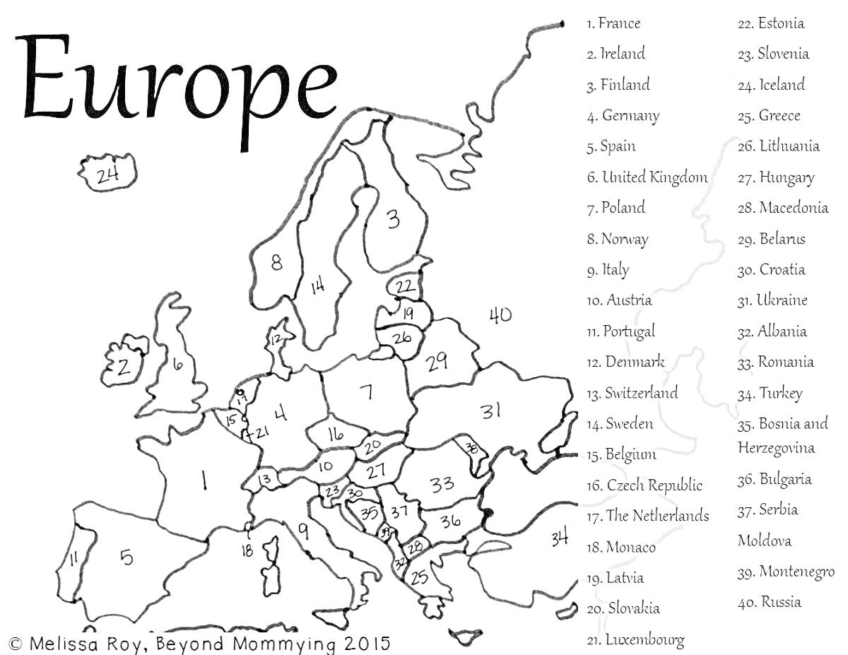 Раскраска Карта Европы для раскрашивания с нумерованными странами и списком стран