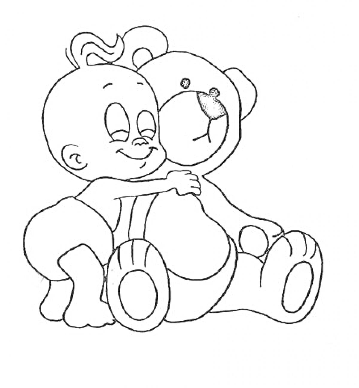 Раскраска Ребенок обнимает большого плюшевого медведя
