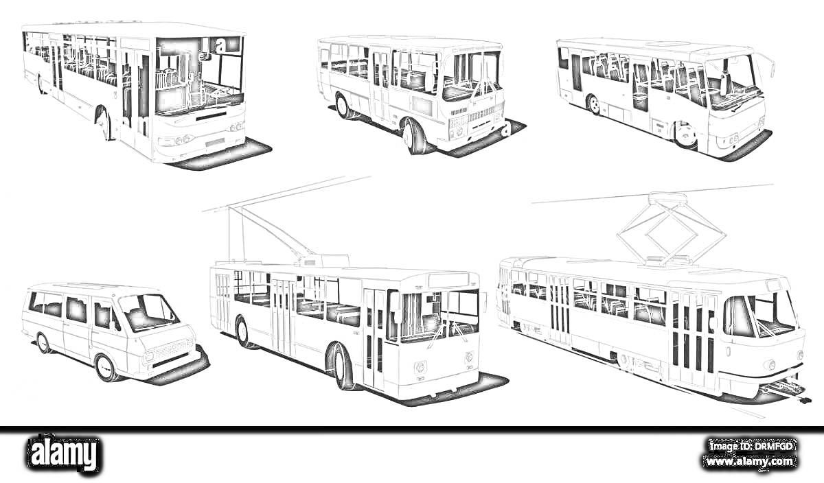 Раскраска Раскраска с изображением автобусов, троллейбуса и трамвая. Автобусы представлены с разных ракурсов (спереди, сбоку, по диагонали). Троллейбус изображен с характерным токоприемником на крыше. Трамвай с передним и задним оконечностями. На рисунке также прис