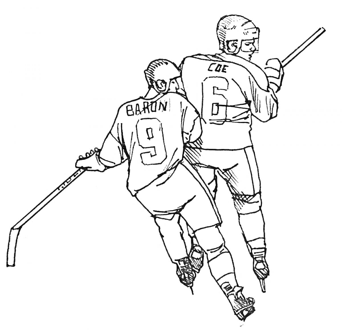 Двое хоккеистов в шлемах и форме с клюшками толкаются на льду