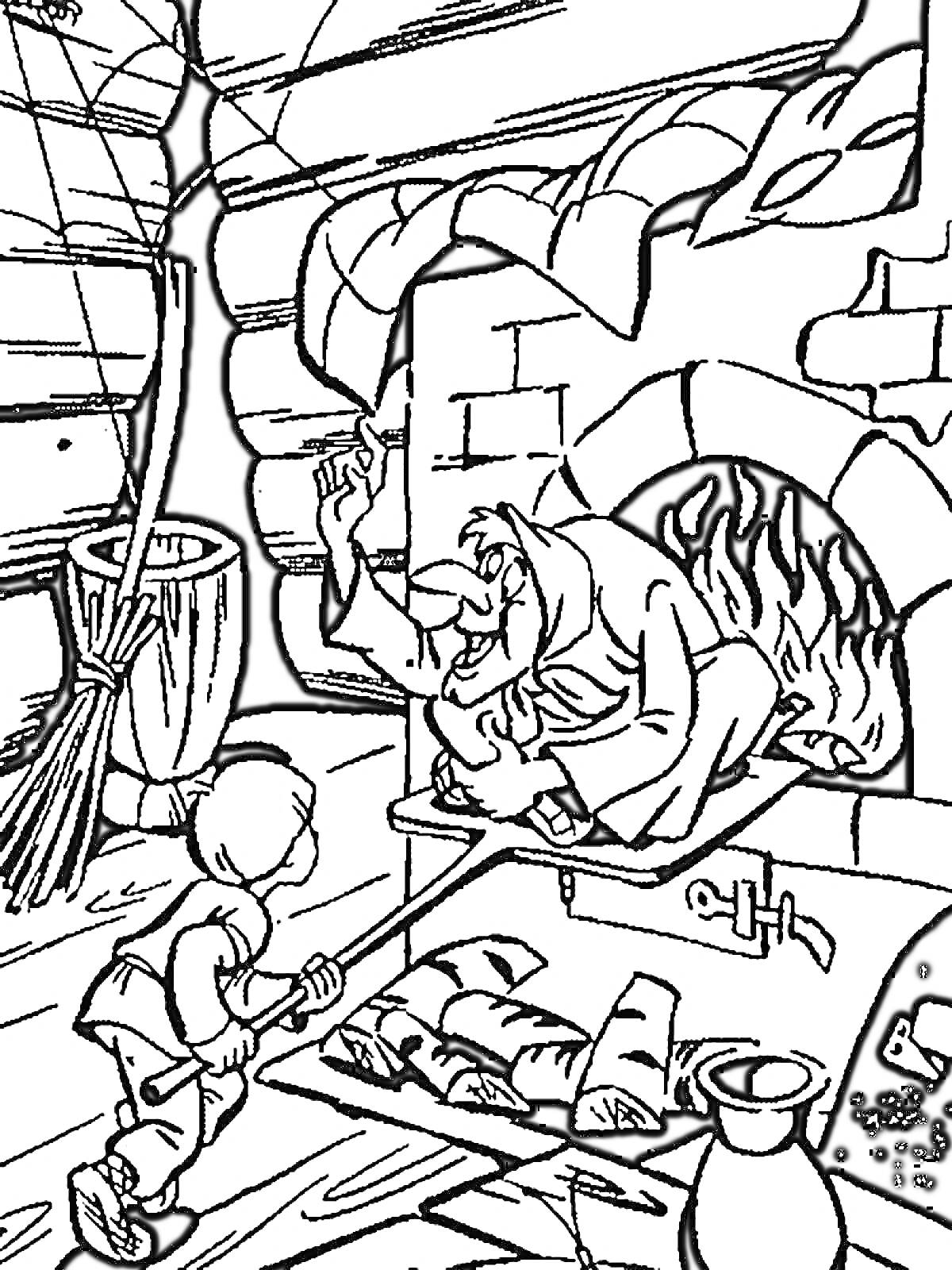 Раскраска Баба Яга в печи, мальчик, печь, метла, дрова, кувшин