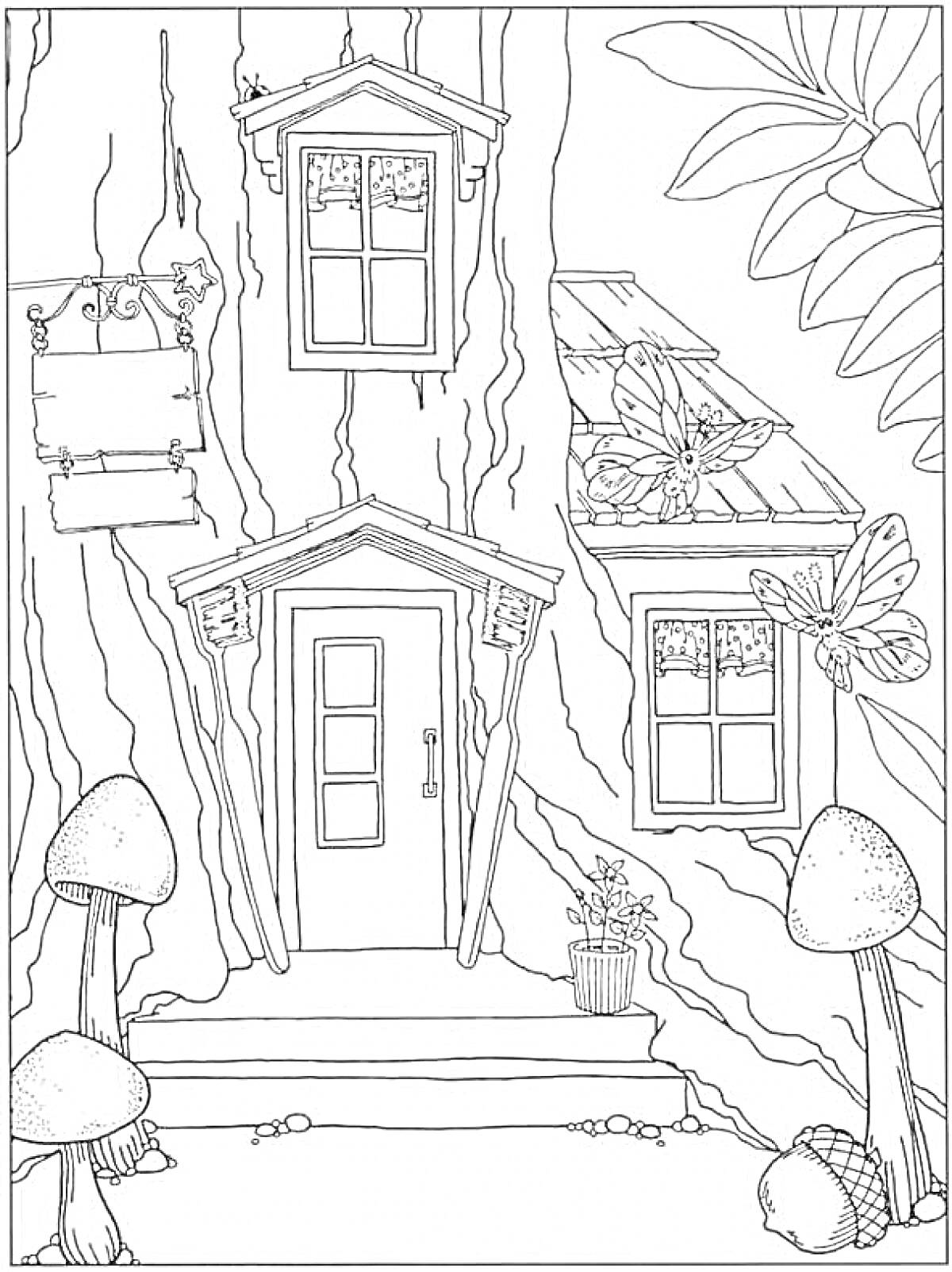 Раскраска Домик на дереве с грибами, табличкой, цветами и бабочками