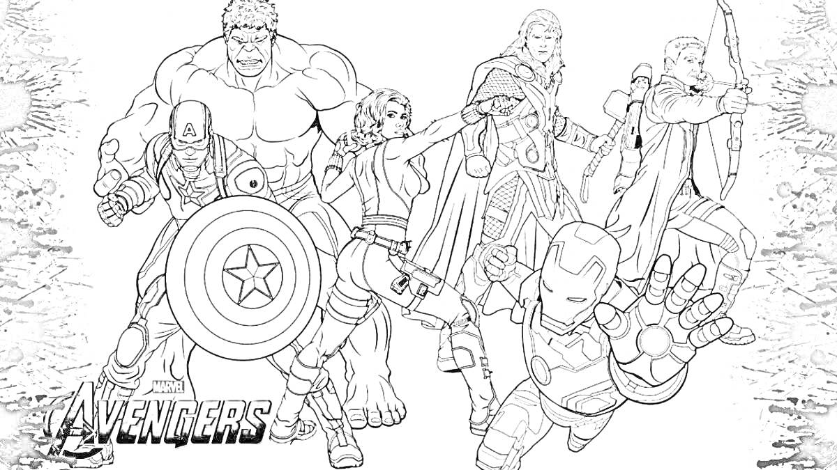 На раскраске изображено: Мстители, Супергерои, Щит, Лук, Мантия, Женщина, Логотипы