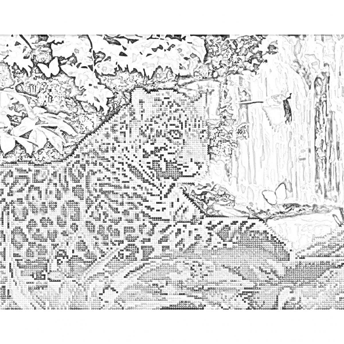 На раскраске изображено: Леопард, Природа, Водопад, Зелень, Бабочка