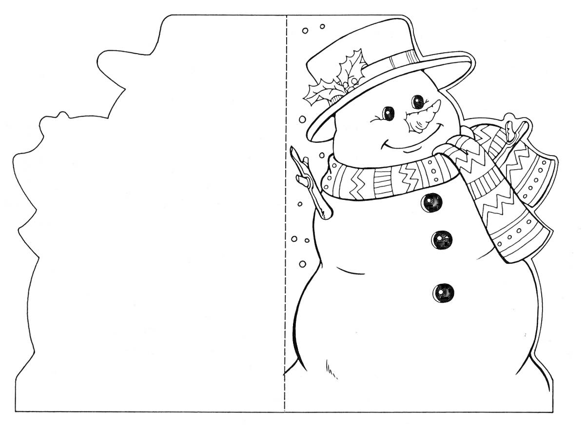 На раскраске изображено: Снеговик, Шляпа, Шарф, Пуговицы, Ветка, Новогодняя открытка, Новый год