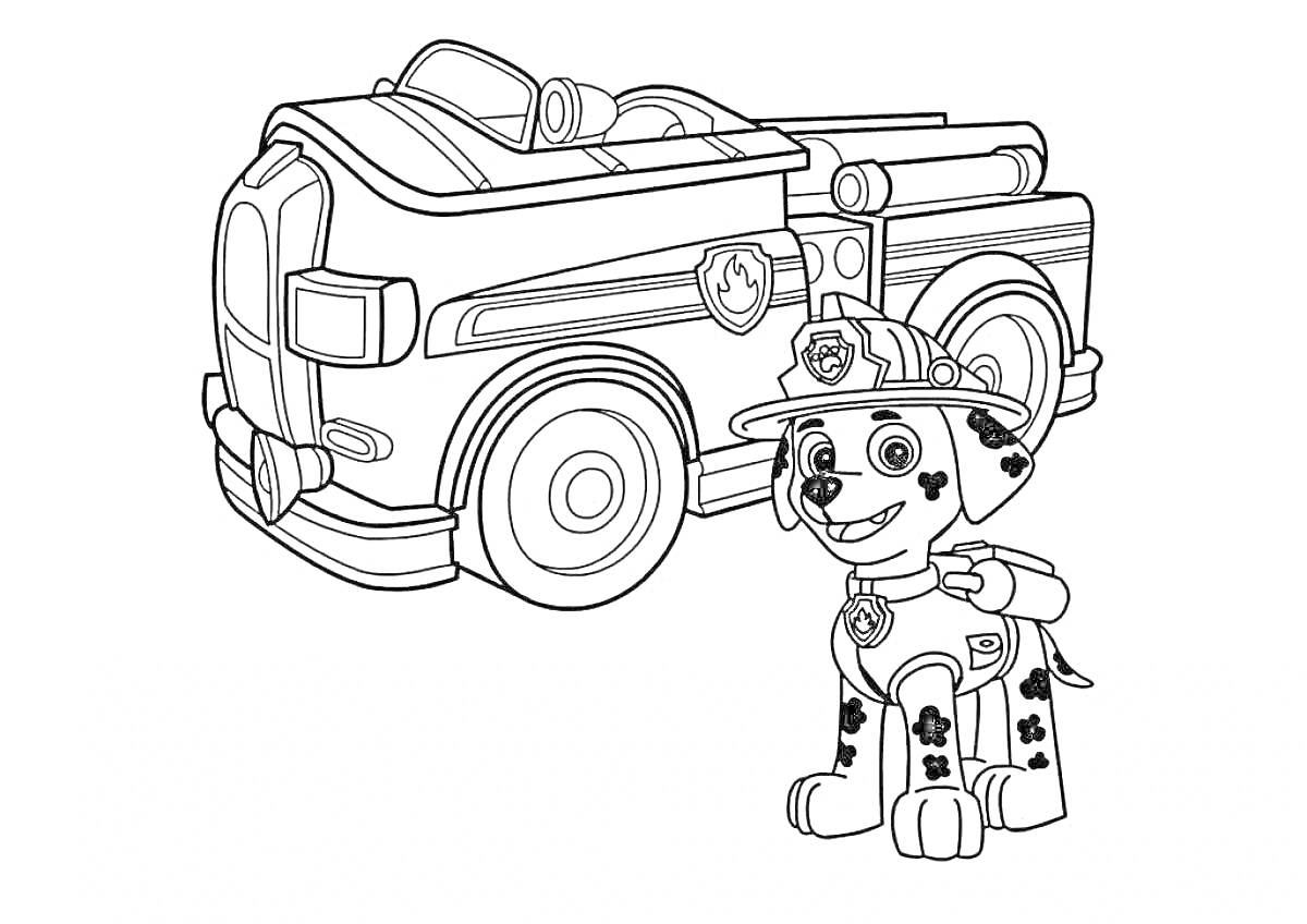 На раскраске изображено: Щенячий патруль, Далматинец, Пожарная машина, Для детей
