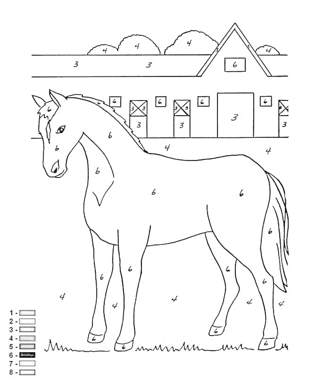 Раскраска Раскраска по номерам - лошадь на фоне конюшни и облаков