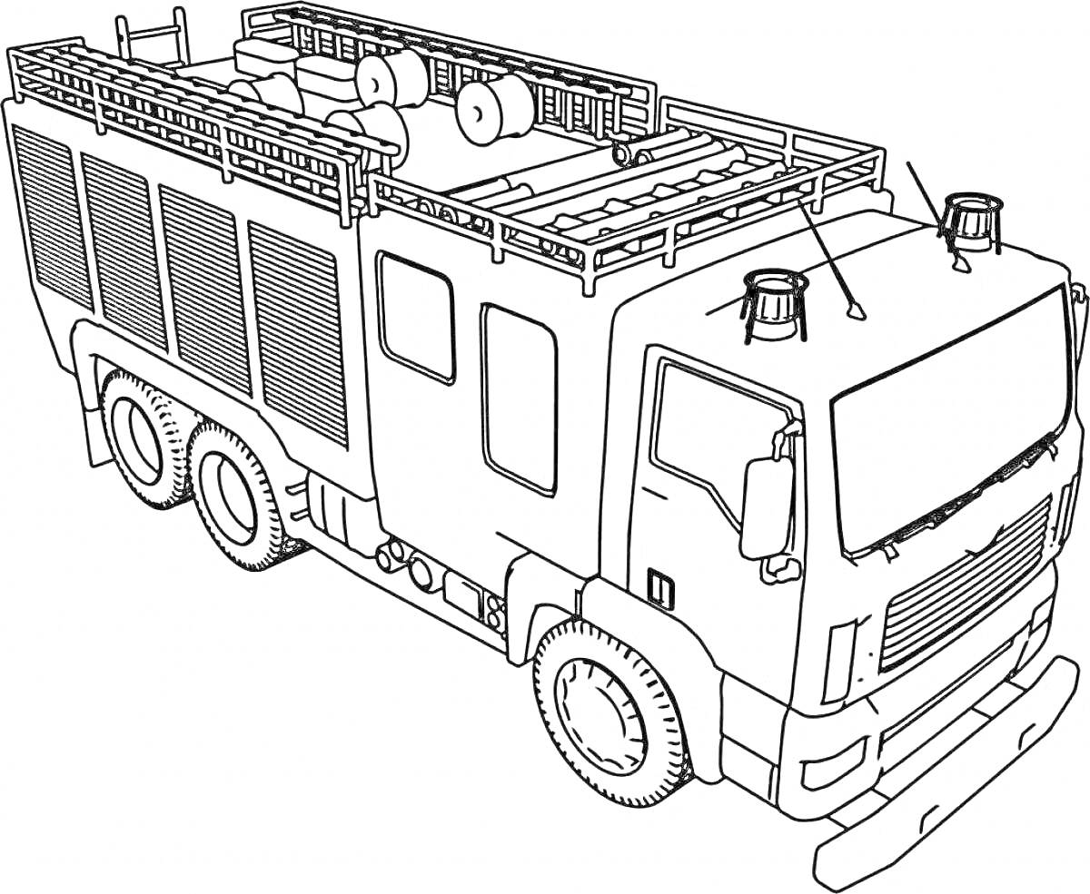 На раскраске изображено: Пожарная машина, Камаз, Пожарный автомобиль, Техника, Транспорт, Баки, Лестница, Колёса, Кузов