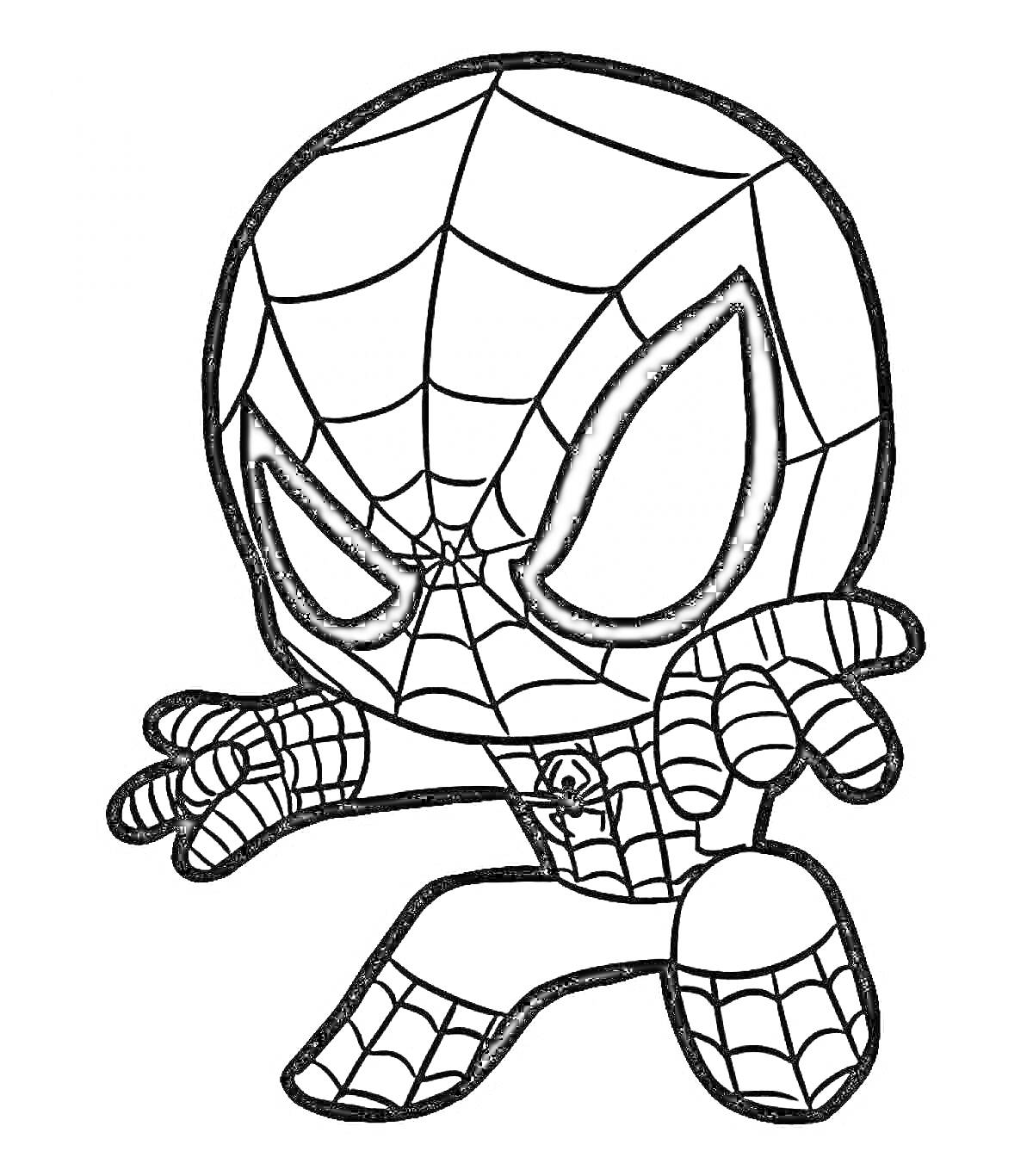 Раскраска Человек-паук в маске и костюме, поза с вытянутыми руками и ногами