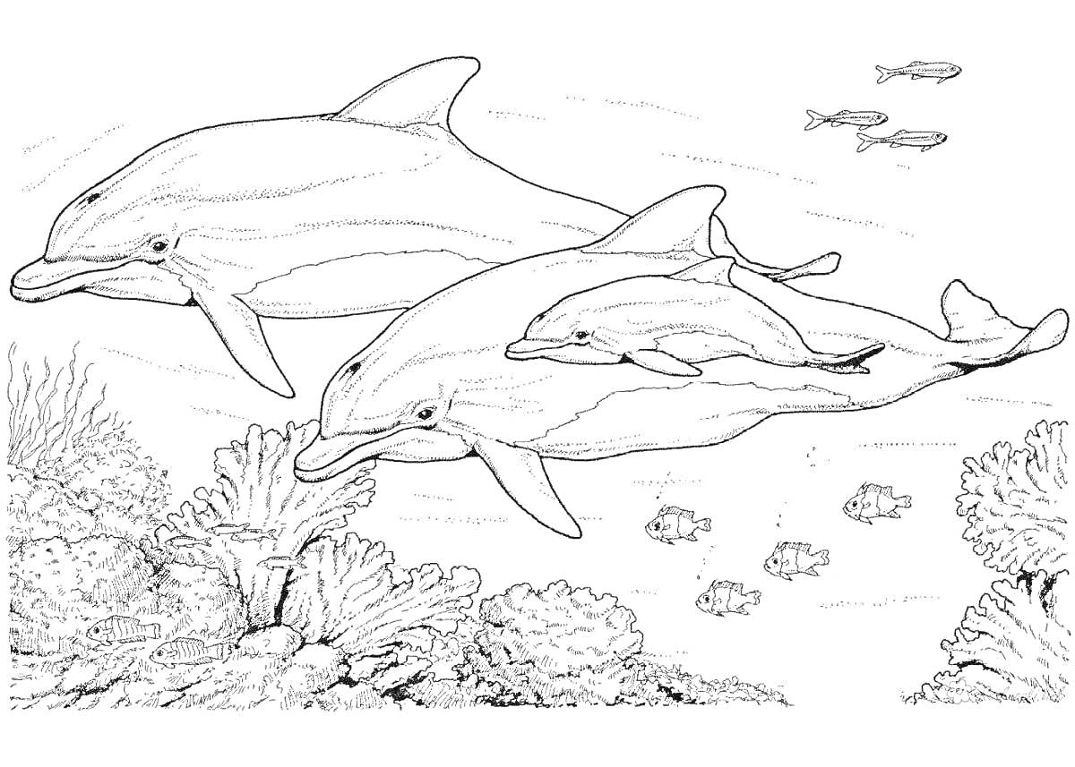На раскраске изображено: Дельфины, Детеныши, Кораллы, Морские организмы, Морская жизнь, Подводный мир