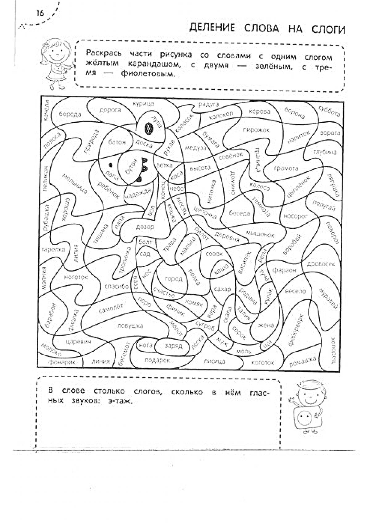Раскраска Раскраска по русскому языку для 1 класса с заданиями на деление слов на слоги. Раскрасьте части рисунка со словами с одним слогом жёлтым карандашом, с двумя — зелёным, с тремя — фиолетовым.