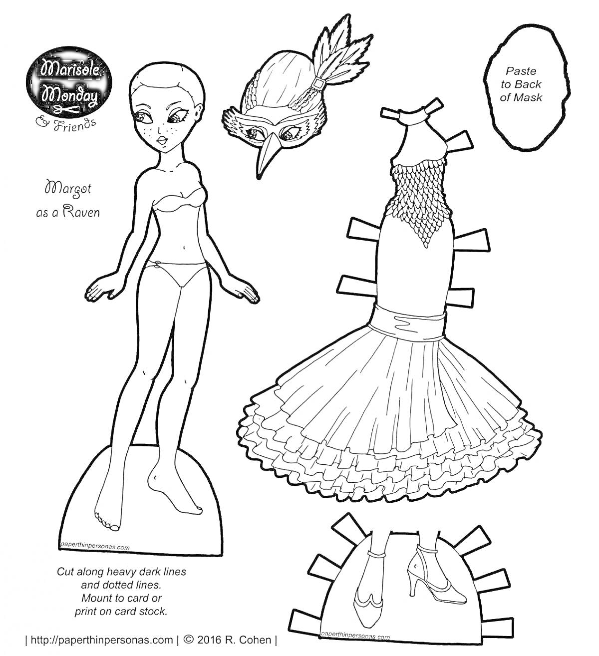 Раскраска Бумажная кукла Мортет, платье, обувь и маска для вырезания