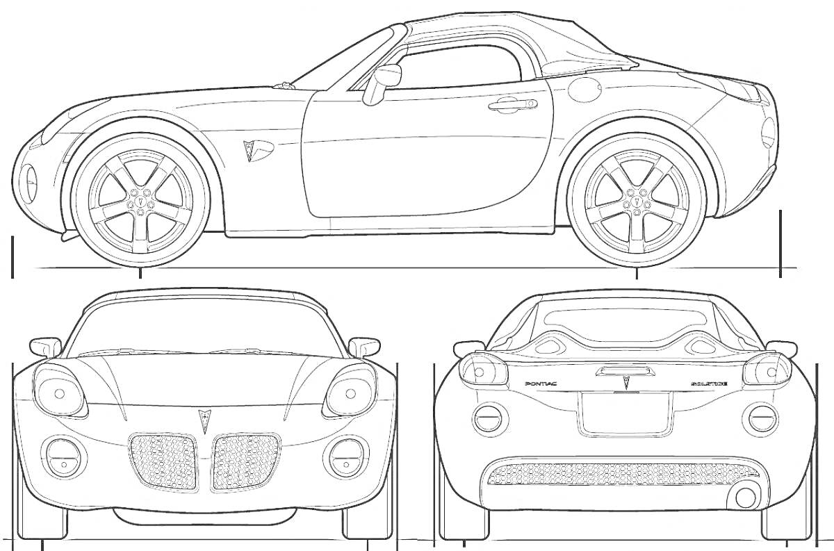 Схема автомобиля Pontiac Solstice, вид сбоку, спереди и сзади