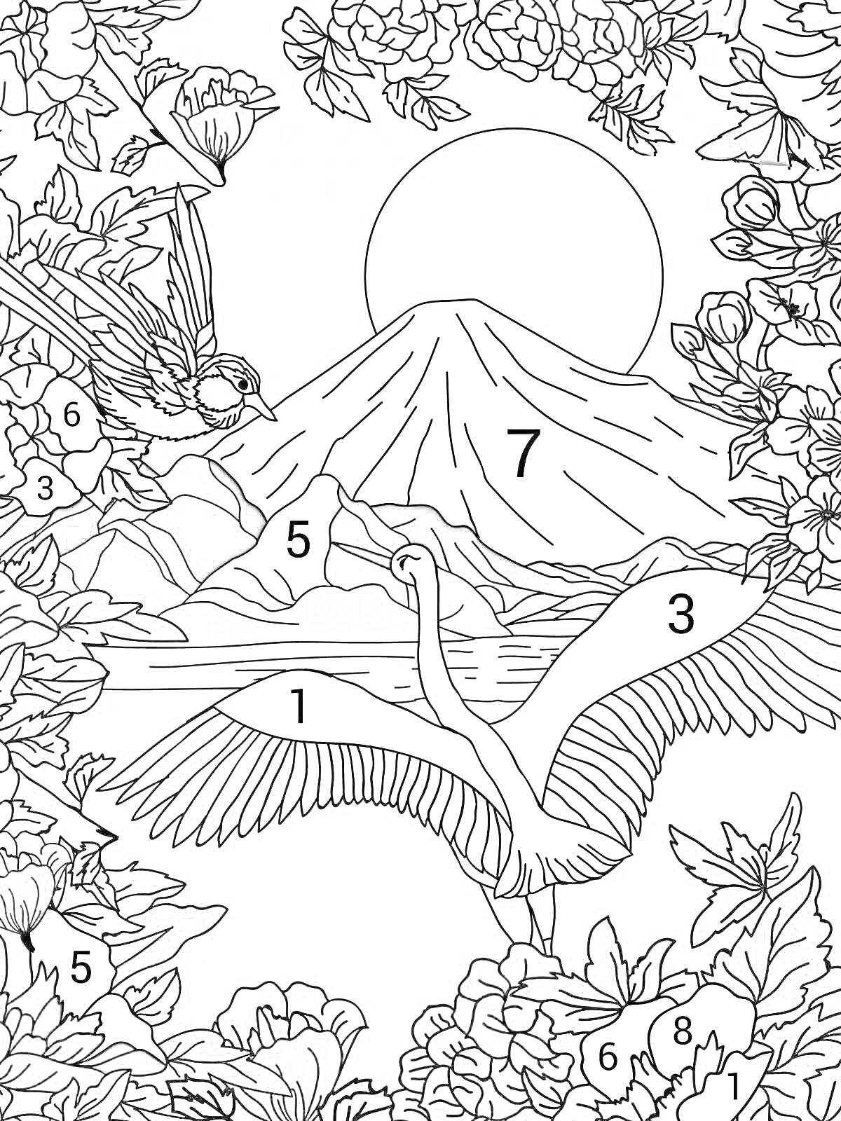 Раскраска Лебедь перед вулканом, окружающие цветы и птица на ветке