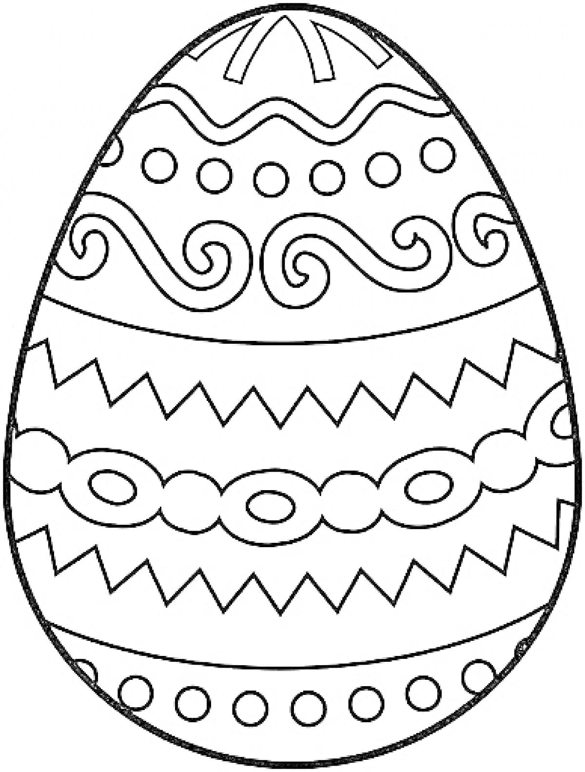 Раскраска Пасхальное яйцо с волнистыми узорами, зигзагами, кружками и овалами