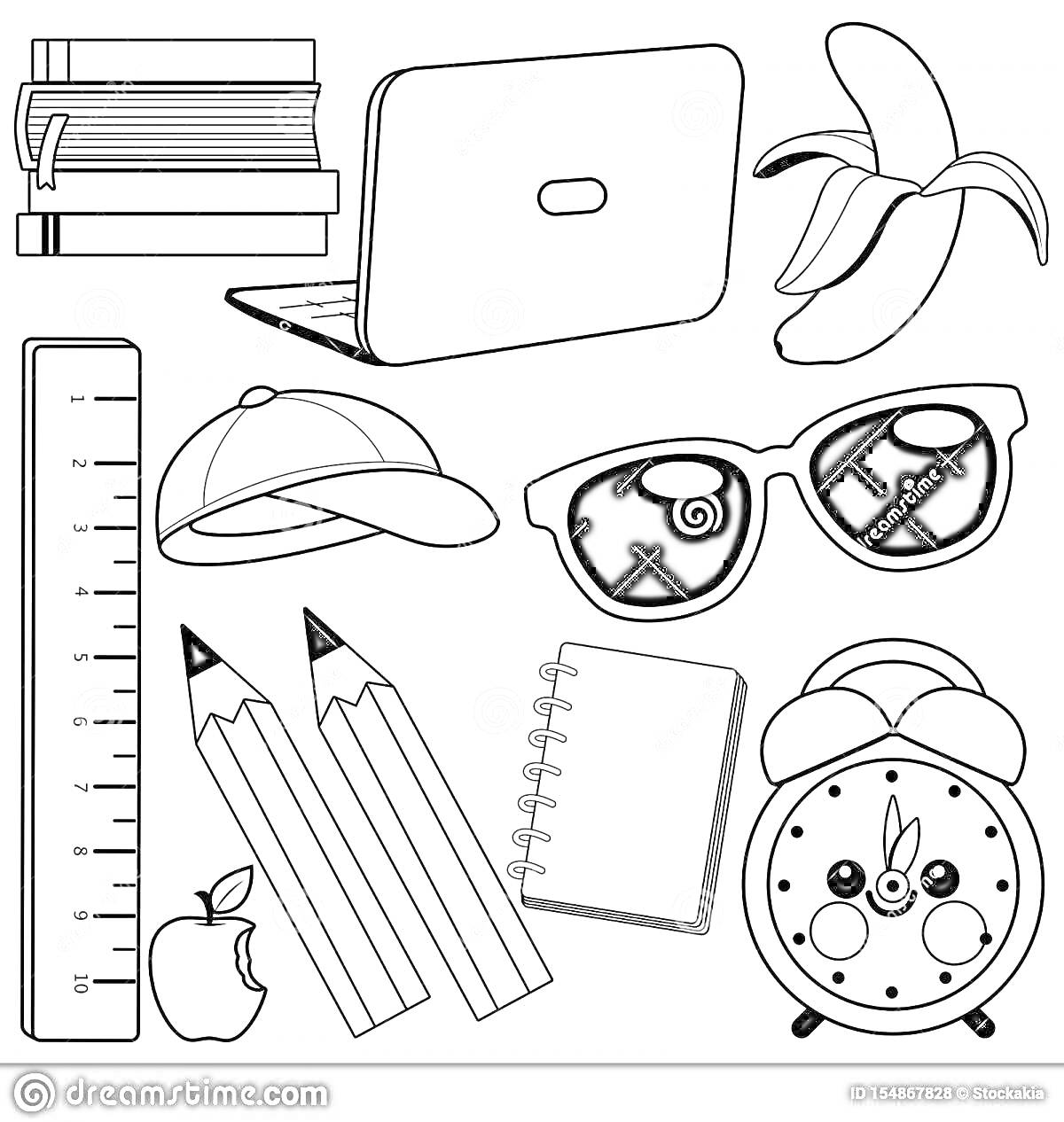 На раскраске изображено: Ноутбук, Банан, Линейка, Очки, Карандаши, Тетрадь, Будильник, Яблоко, Канцелярия, Школьные принадлежности, Книга, Кепки