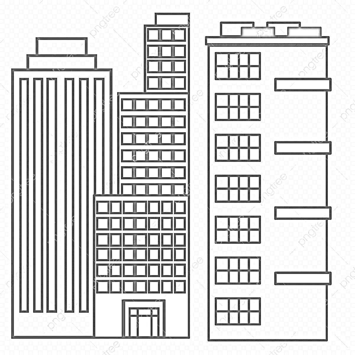 Раскраска Три многоэтажных здания с окнами и дверью