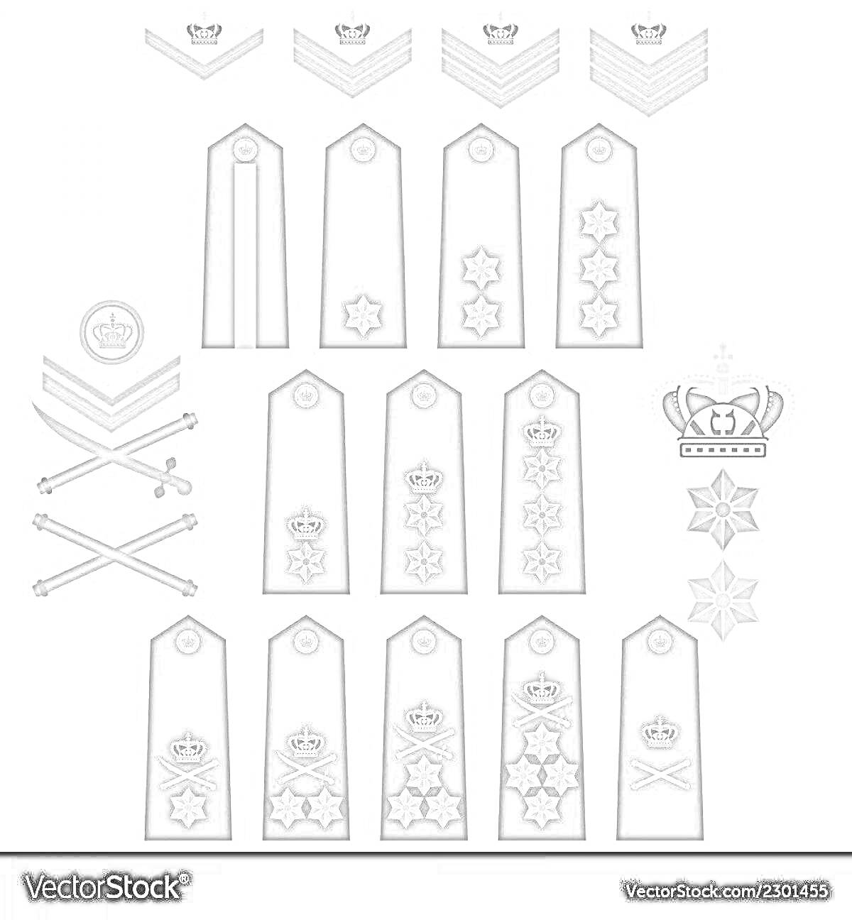 Раскраска с изображениями погон различного ранга, крестов и корон