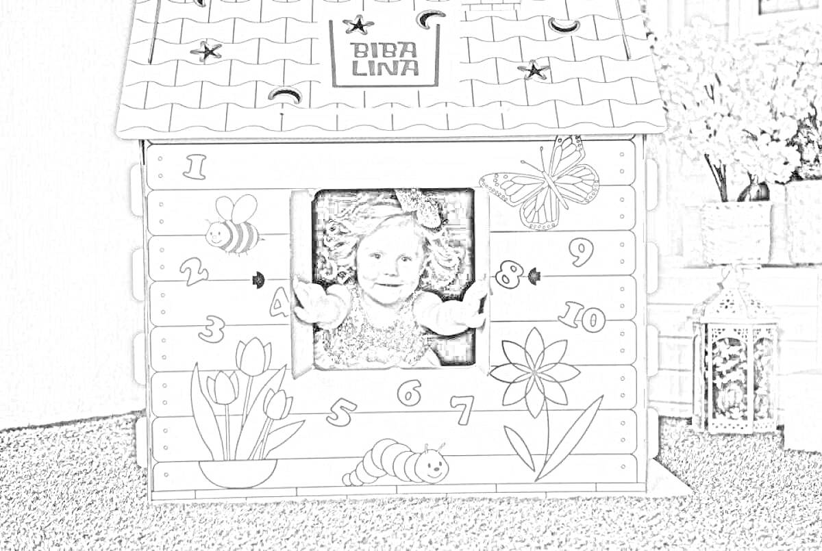 Раскраска картонного домика с ребенком в окне, цифрами, цветами, пчелами и бабочкой