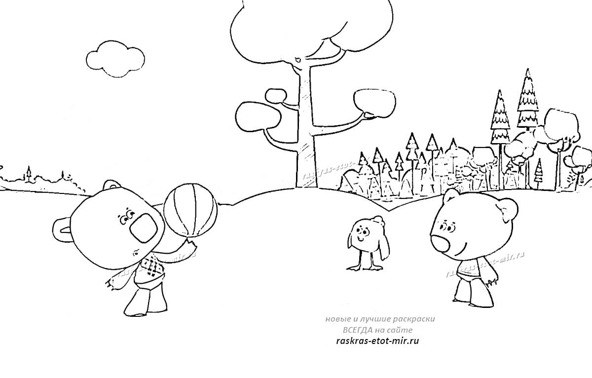 Раскраска Два медвежонка с мячом и зайчик, дерево, лес и облако