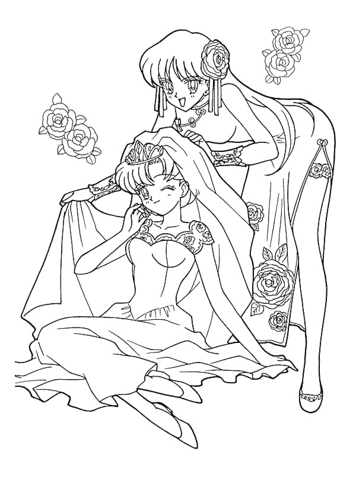 Раскраска Девушки из Сейлормун (одна сидит в свадебном платье, другая поправляет ей фату), цветы, платья