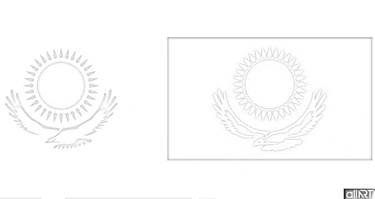 На раскраске изображено: Флаг, Казахстан, Солнце, Орел, Национальный символ