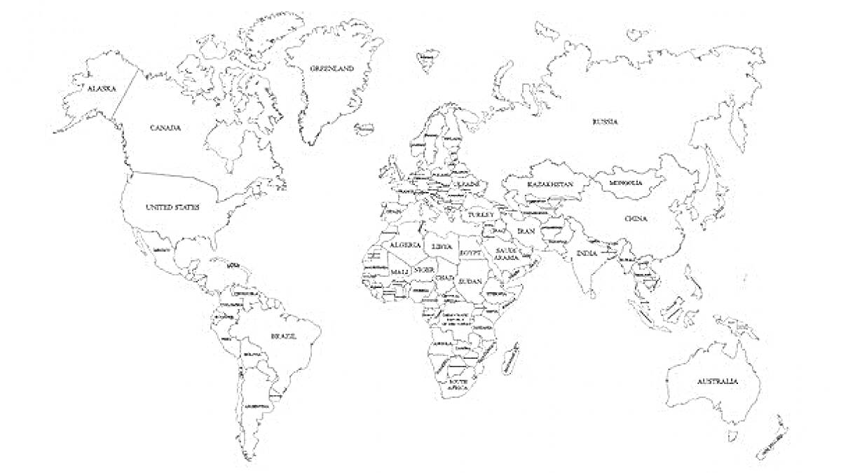 Раскраска Карта мира политическая с отмеченными границами стран и подписями названий стран