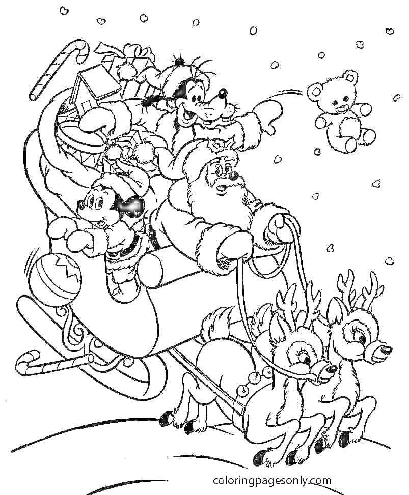 Раскраска Санта Клаус с оленями, персонажами мультфильмов, снегом и подарками